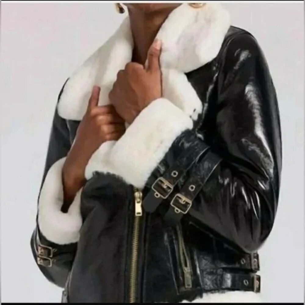 NWT Generation Love Dion Faux Fur Shearling Moto Jacket Black White Size XXS